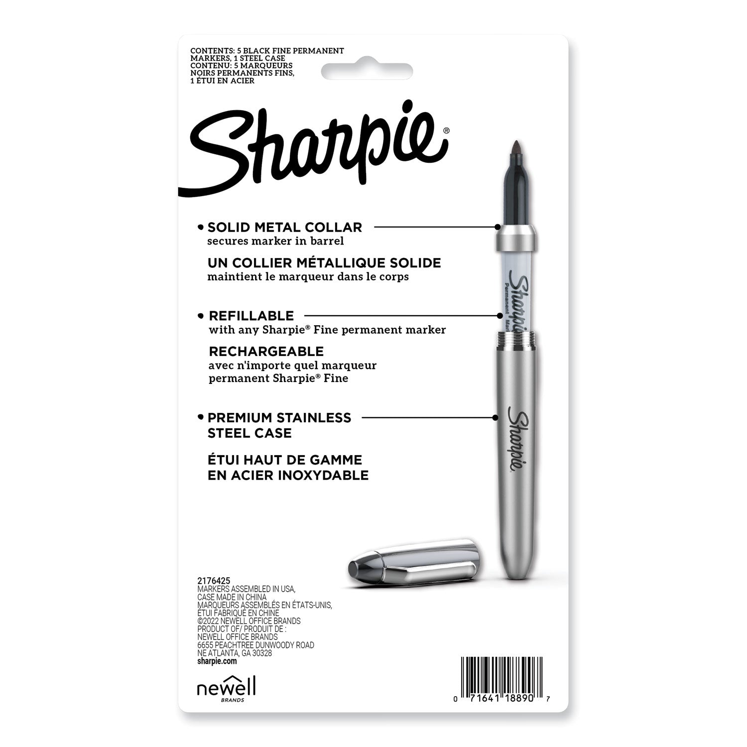 Fine Tip Permanent Marker, Stainless Steel Single Marker Case, Fine Bullet Tip, Black, 5/Pack