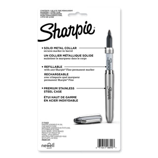 Fine Tip Permanent Marker, Stainless Steel Single Marker Case, Fine Bullet Tip, Black, 5/Pack