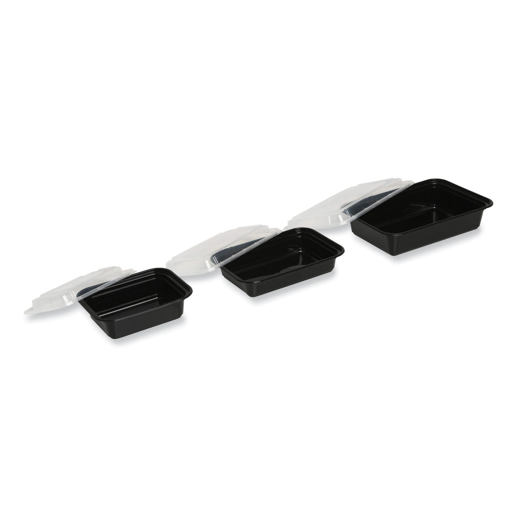 Microwavable Food Container with Lid, Rectangular, 28 oz, 8.81 x 6.02 x 2.04, Black/Clear, Plastic, 150/Carton
