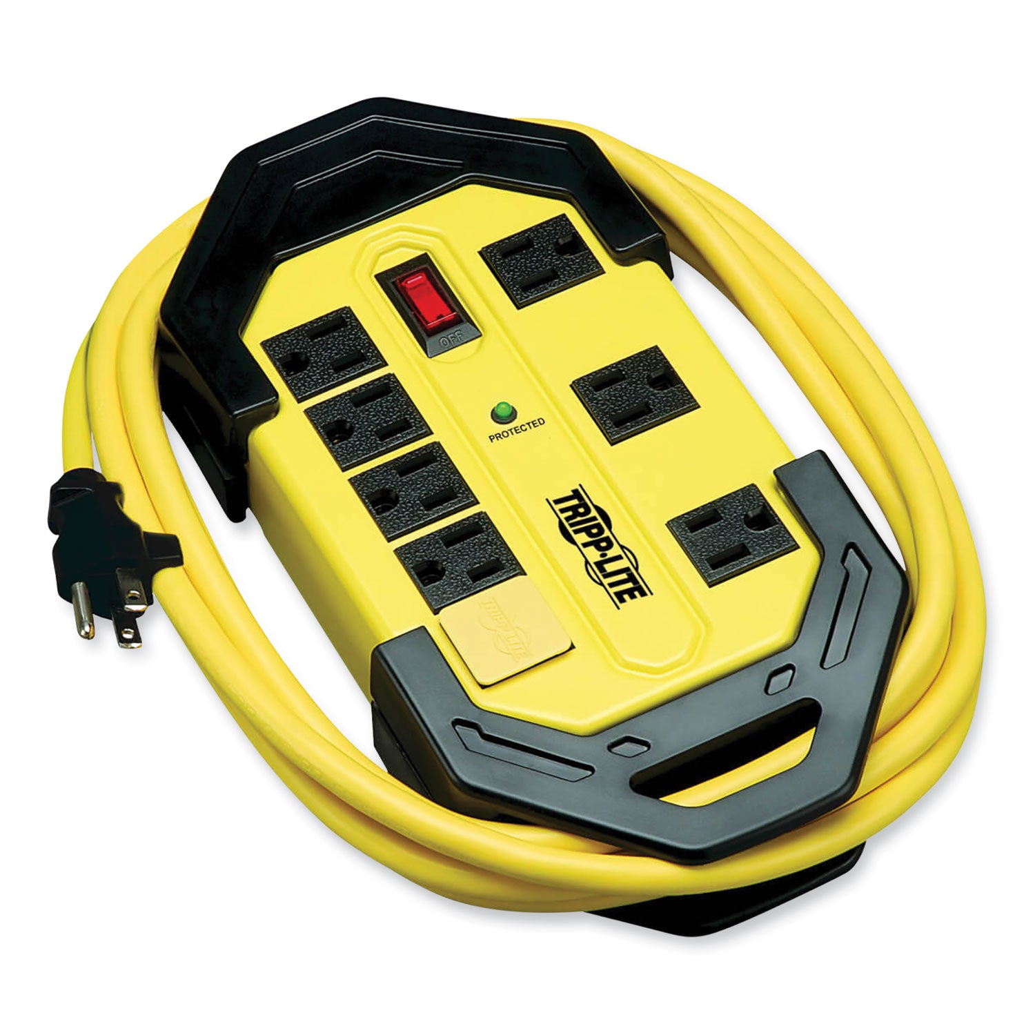 Protect It! Industrial Safety Surge Protector, 8 AC Outlets, 12 ft Cord, 1,500 J, Yellow/Black - 