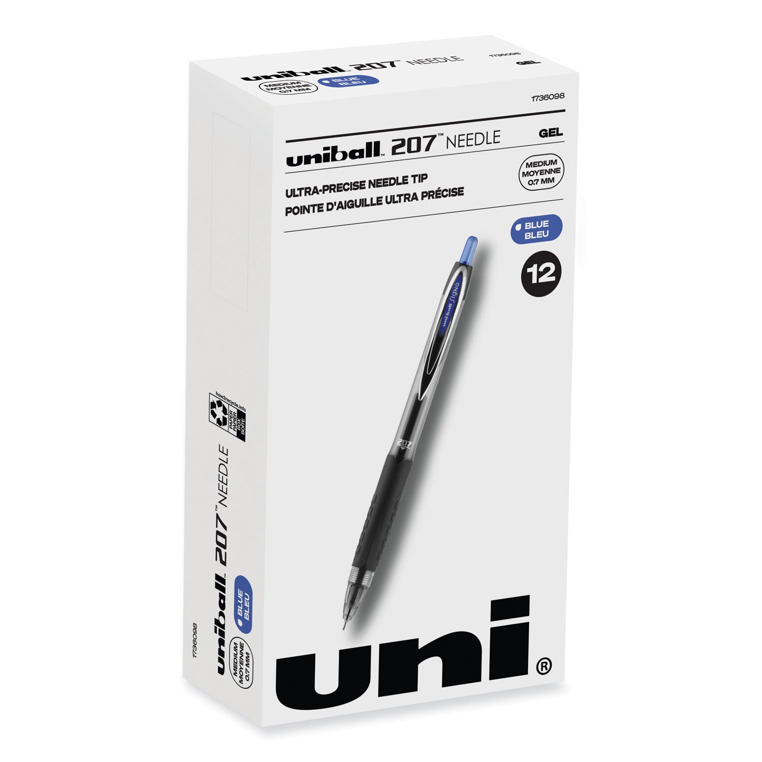 signo-207-needle-point-gel-pen-retractable-medium-07-mm-blue-ink-clear-black-blue-barrel-dozen_ubc1736098 - 1