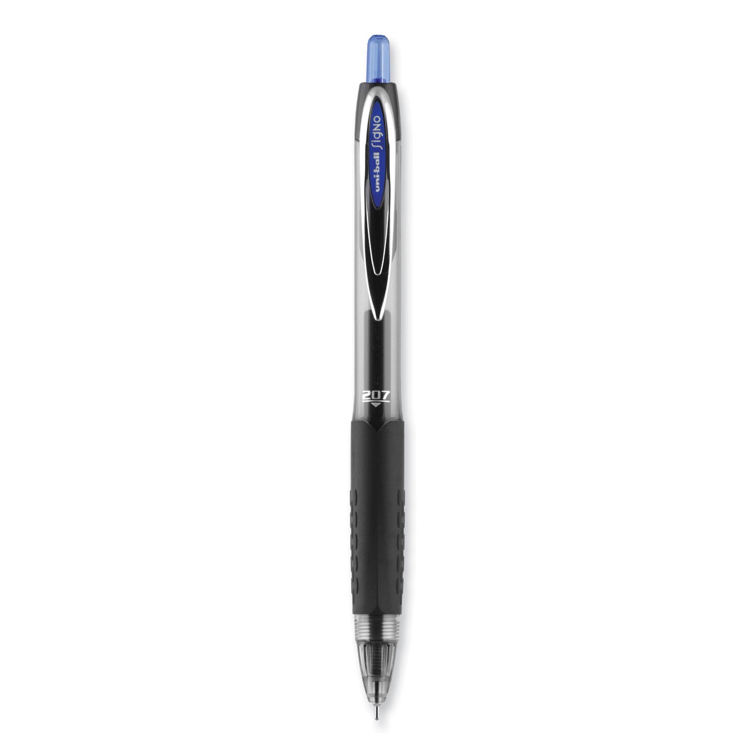 signo-207-needle-point-gel-pen-retractable-medium-07-mm-blue-ink-clear-black-blue-barrel-dozen_ubc1736098 - 2