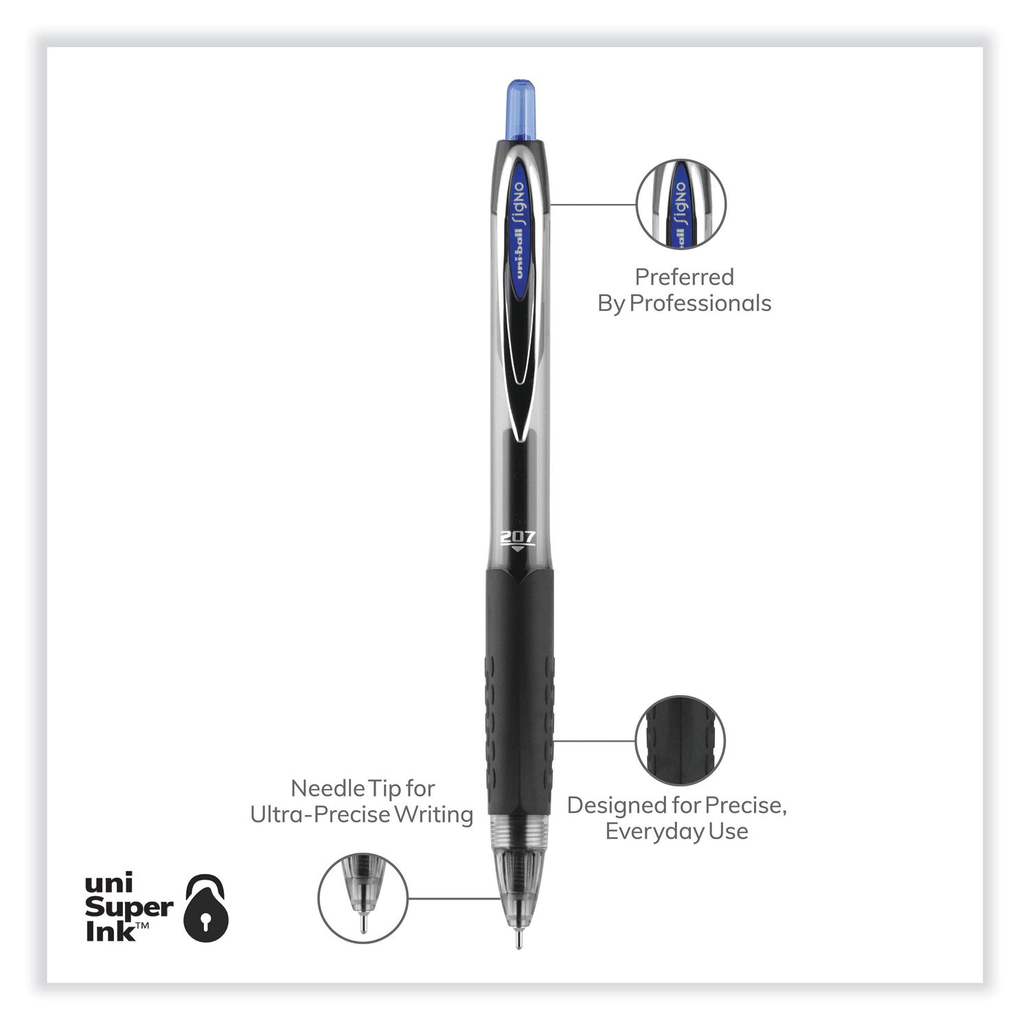 signo-207-needle-point-gel-pen-retractable-medium-07-mm-blue-ink-clear-black-blue-barrel-dozen_ubc1736098 - 4