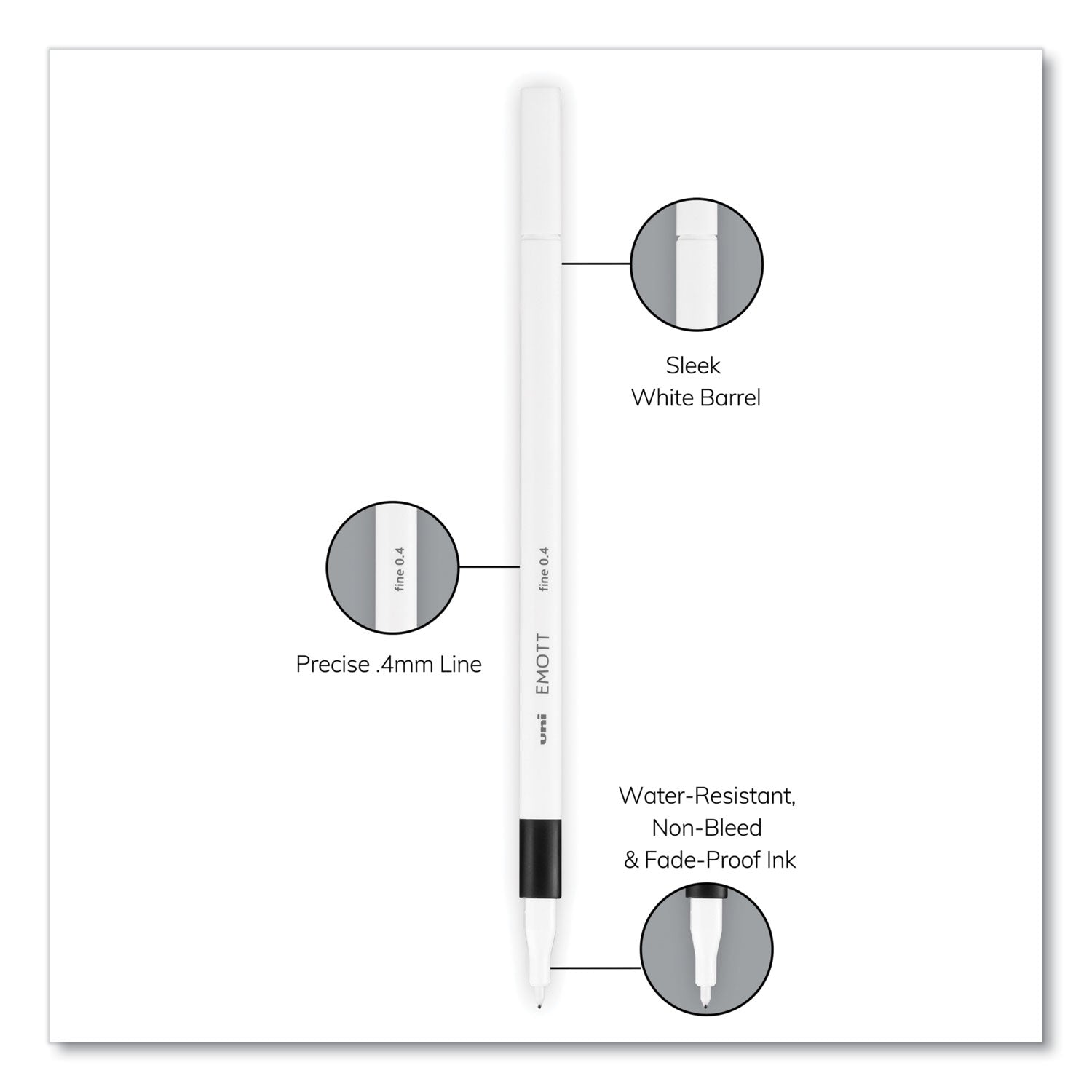 EMOTT Porous Point Pen, Stick, Fine 0.4 mm, Assorted Ink Colors, White Barrel, 10/Pack