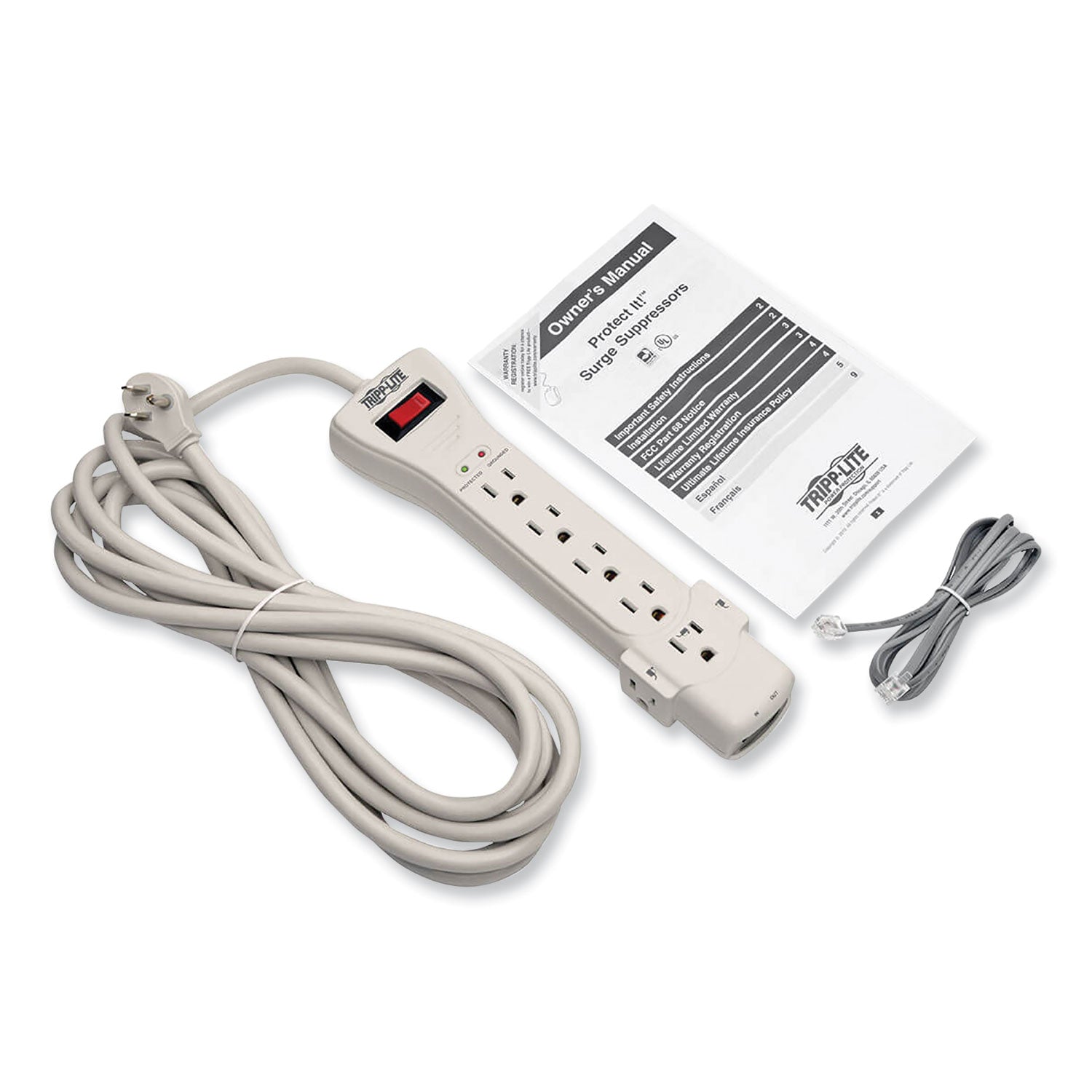 Protect It! Surge Protector, 7 AC Outlets, 15 ft Cord, 2,520 J, Light Gray - 