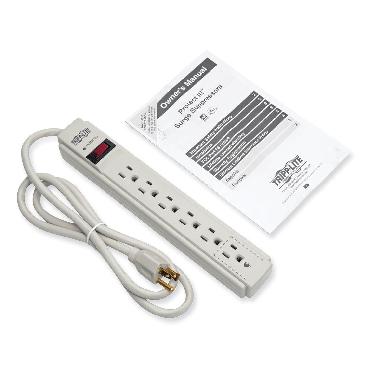 Protect It! Surge Protector, 6 AC Outlets, 4 ft Cord, 790 J, Light Gray - 