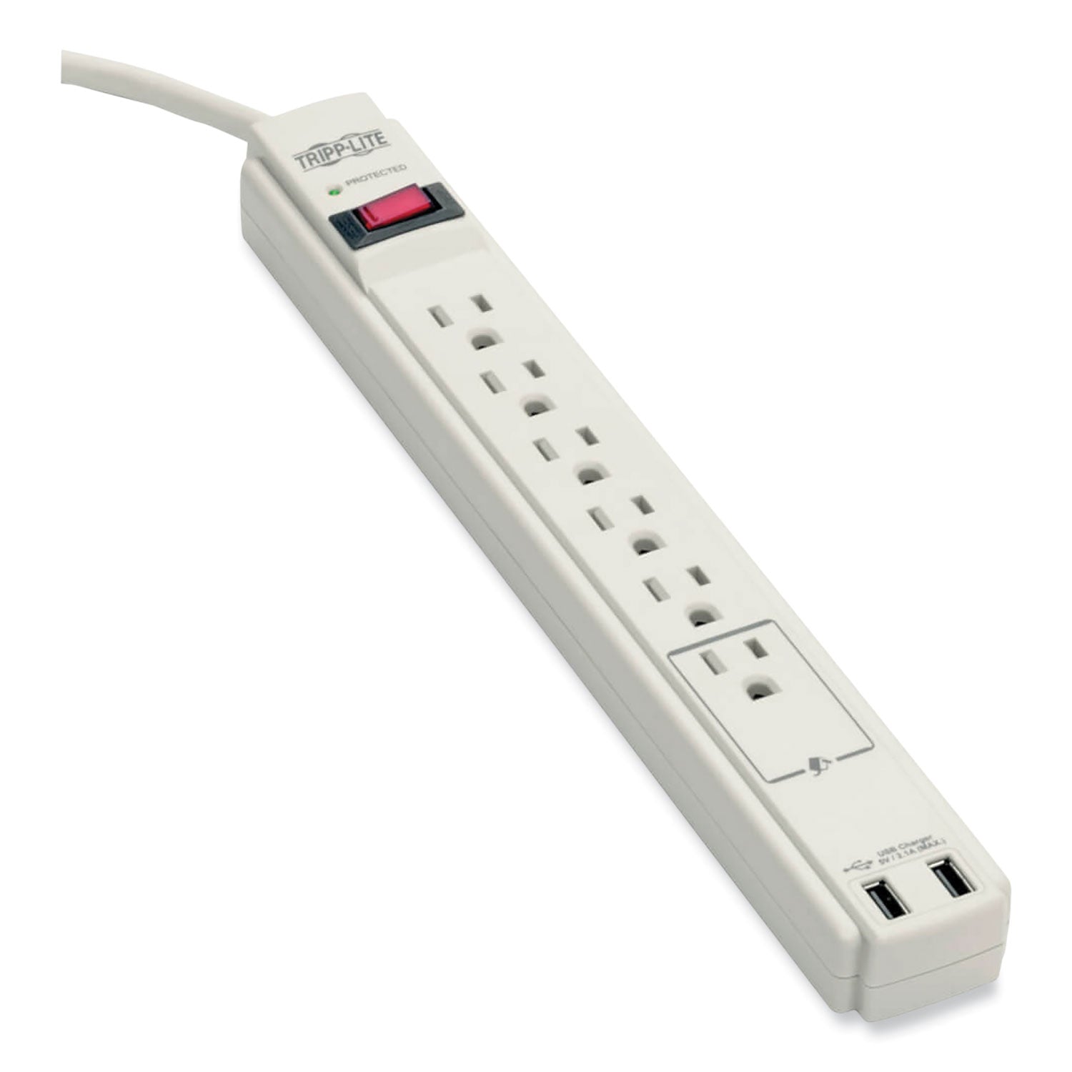 Protect It! Surge Protector, 6 AC Outlets/2 USB Ports, 6 ft Cord, 990 J, Cool Gray - 