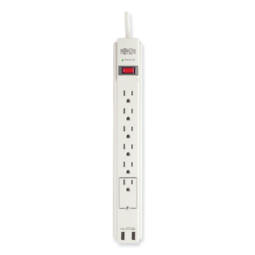 Protect It! Surge Protector, 6 AC Outlets/2 USB Ports, 6 ft Cord, 990 J, Cool Gray - 