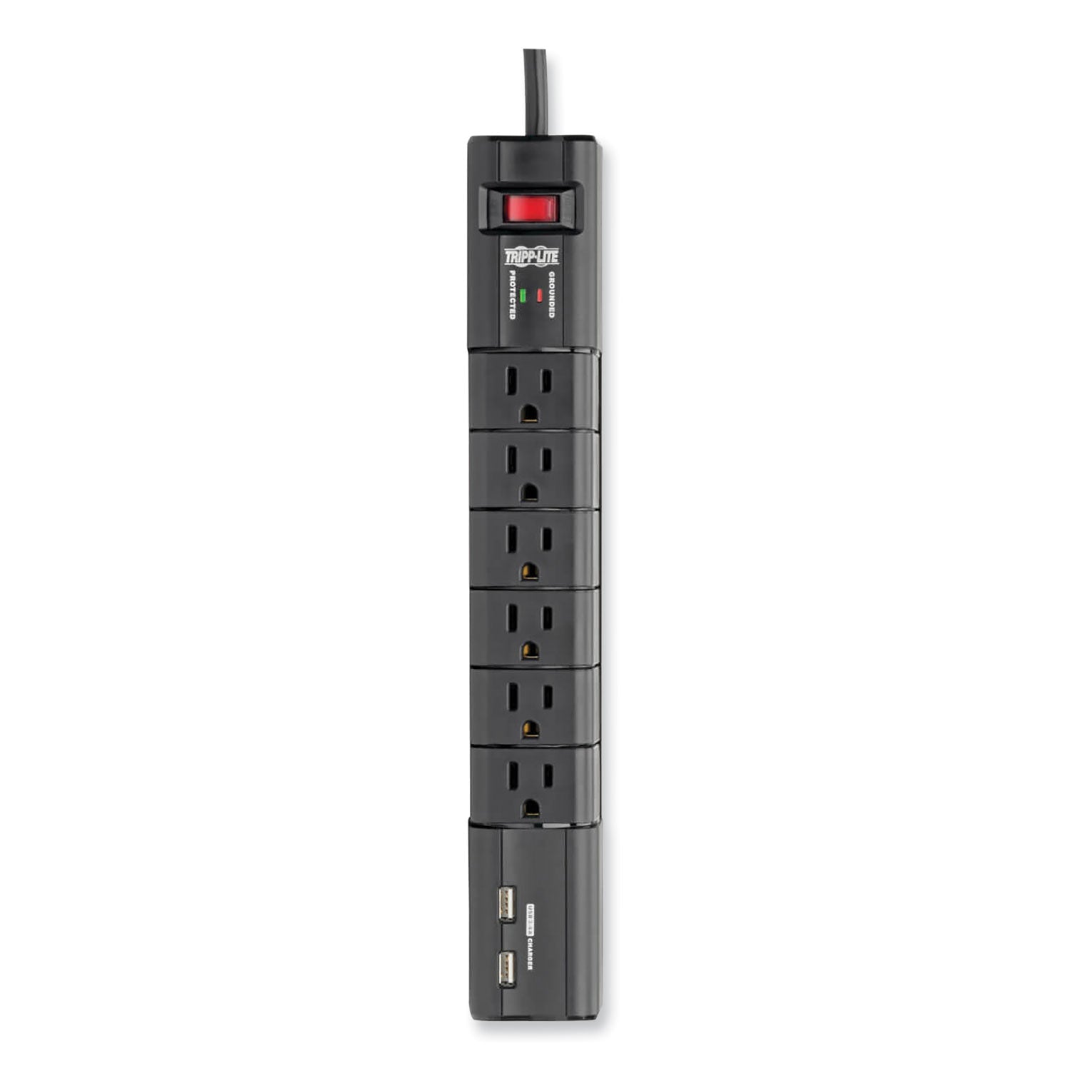 Protect It! Surge Protector, 6 AC Outlets/2 USB Ports, 8 ft Cord, 1,080 J, Black