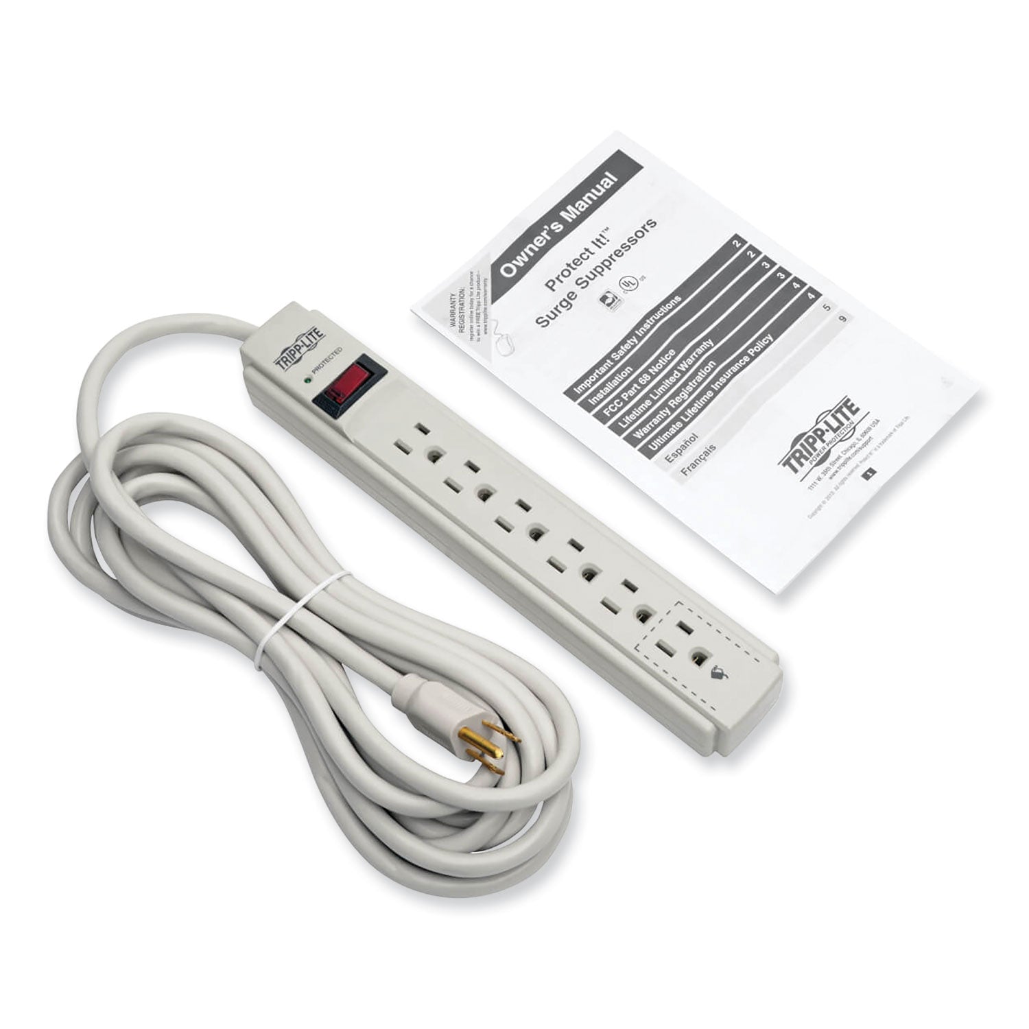 Protect It! Surge Protector, 6 AC Outlets, 15 ft Cord, 790 J, Light Gray - 