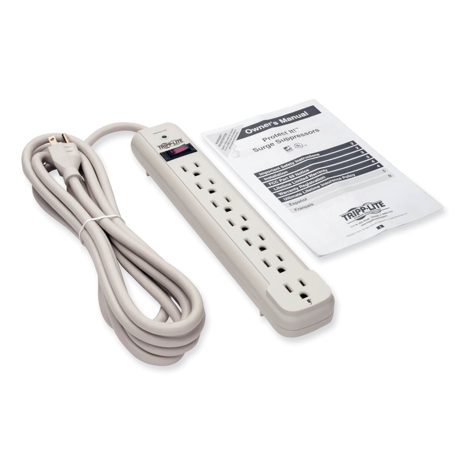 Protect It! Surge Protector, 7 AC Outlets, 12 ft Cord, 1,080 J, Light Gray - 
