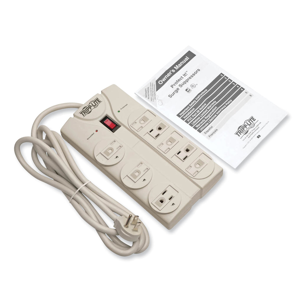 Protect It! Surge Protector, 8 AC Outlets, 8 ft Cord, 1,440 J, Light Gray - 