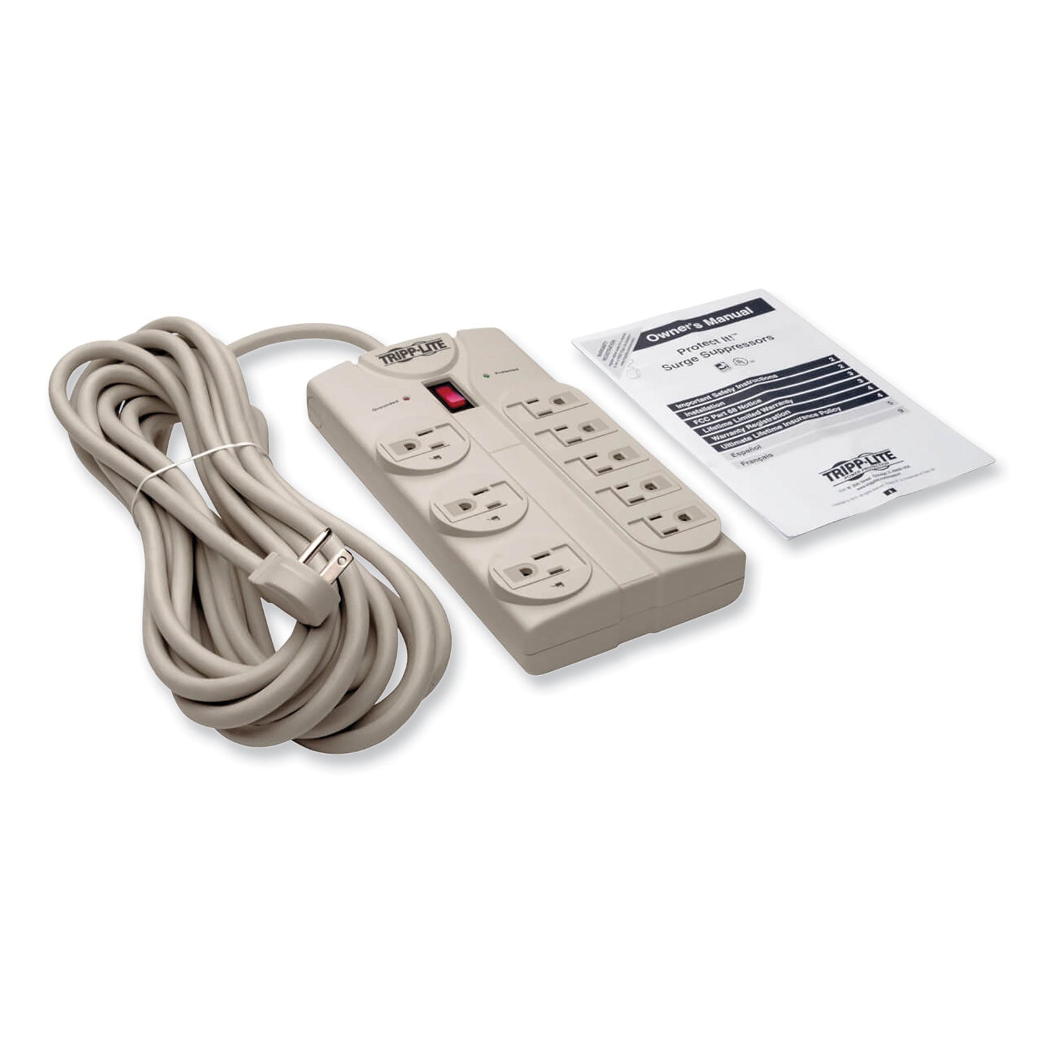 Protect It! Surge Protector, 8 AC Outlets, 25 ft Cord, 1,440 J, Light Gray - 
