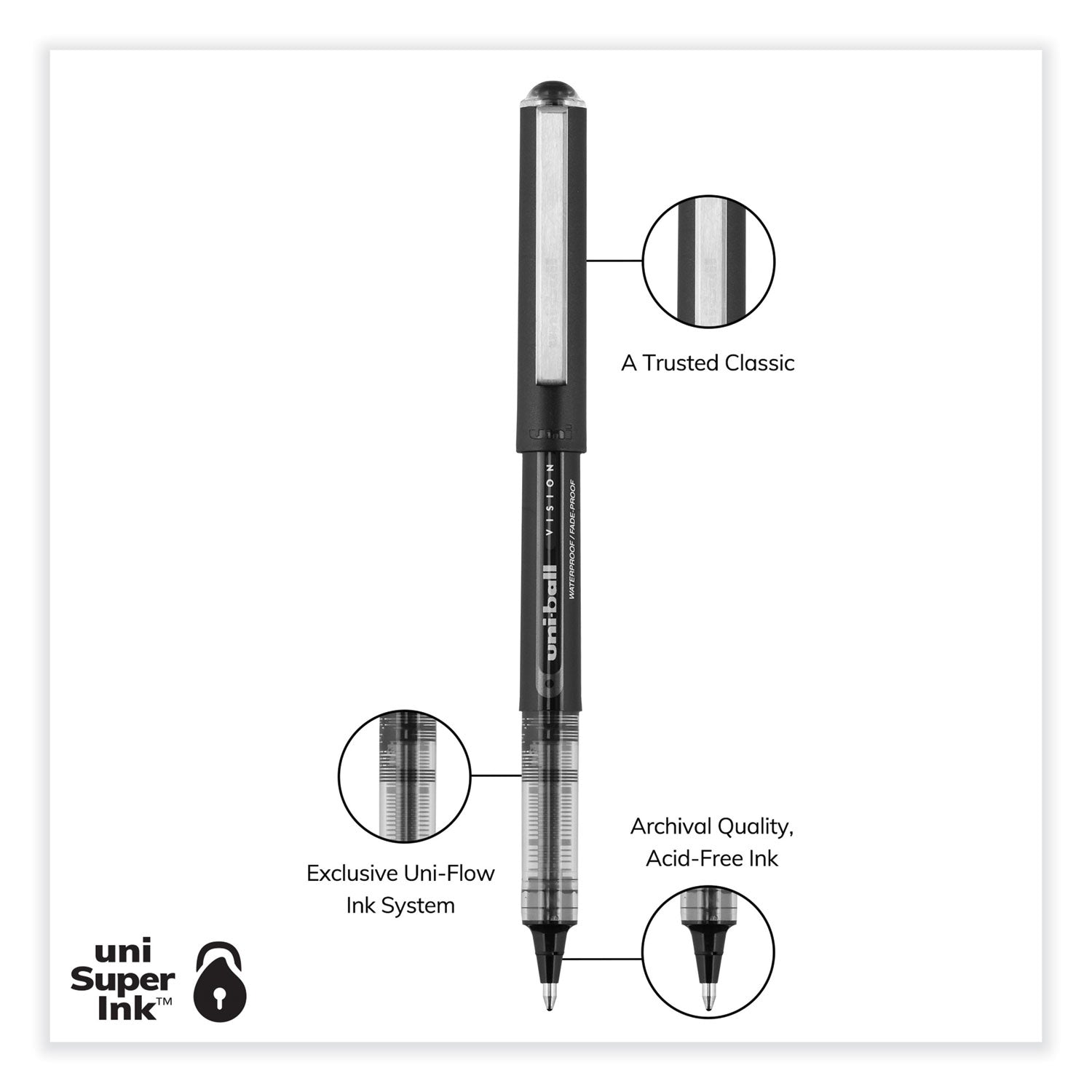 VISION Roller Ball Pen, Stick, Bold 1 mm, Black Ink, Gray/Black/Clear Barrel, Dozen