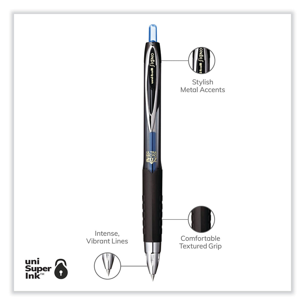 207 Signo Gel Ultra Micro Gel Pen, Retractable, Extra-Fine 0.38 mm, Blue Ink, Clear/Black Barrel