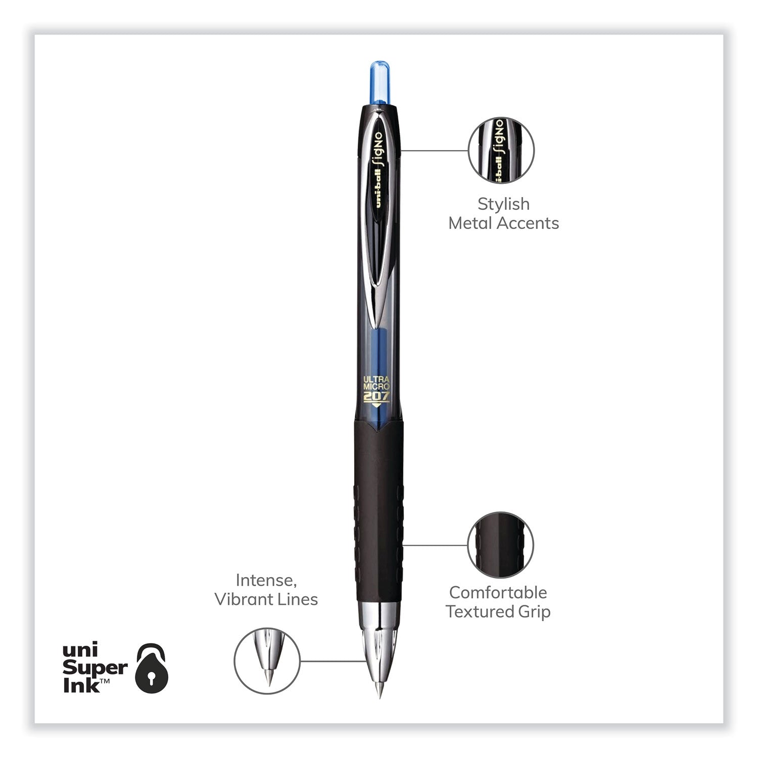 207 Signo Gel Ultra Micro Gel Pen, Retractable, Extra-Fine 0.38 mm, Blue Ink, Clear/Black Barrel