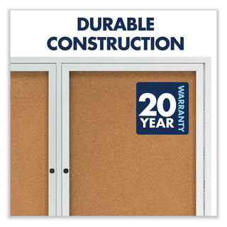 Enclosed Indoor Cork Bulletin Board with Two Hinged Doors, 48 x 36, Tan Surface, Silver Aluminum Frame