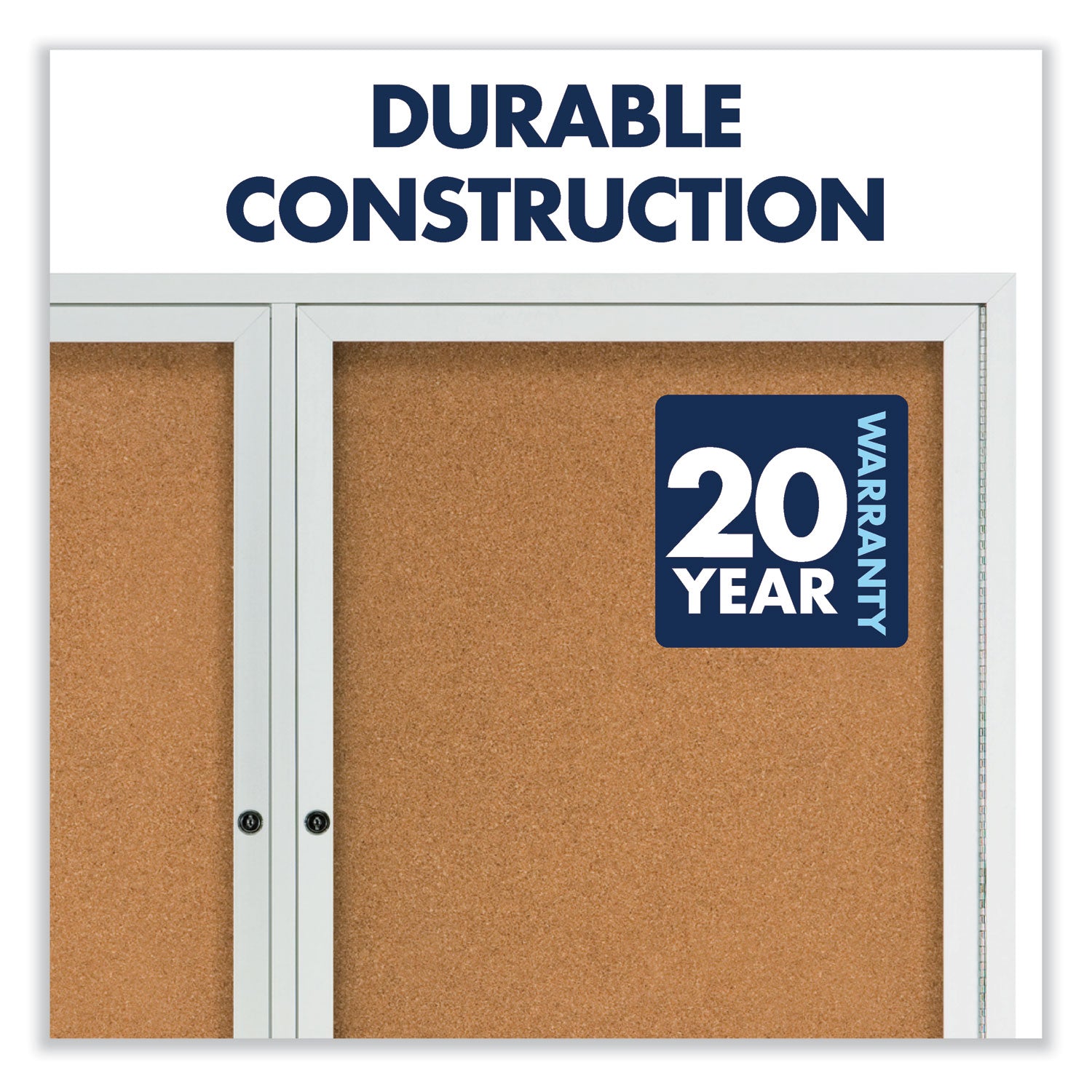 Enclosed Indoor Cork Bulletin Board with Two Hinged Doors, 48 x 36, Tan Surface, Silver Aluminum Frame