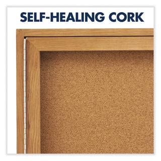 Enclosed Indoor Cork Bulletin Board with One Hinged Door, 24 x 36, Tan Surface, Oak Fiberboard Frame - 