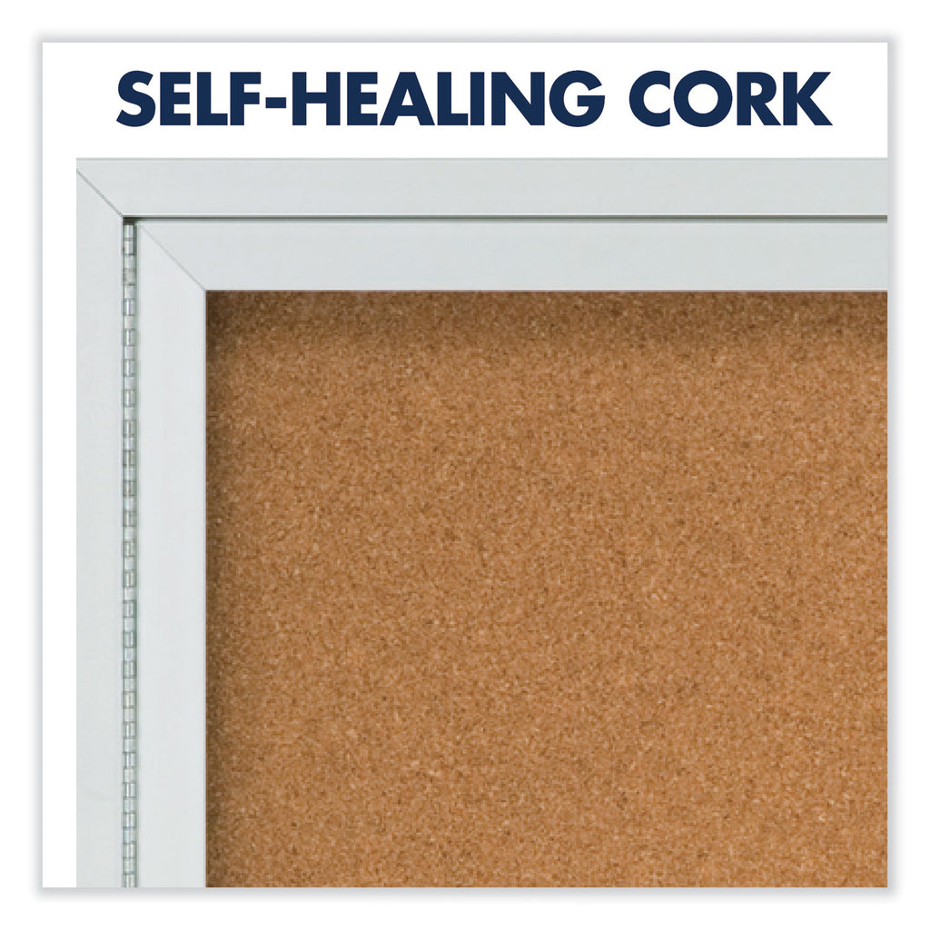 Enclosed Indoor Cork Bulletin Board with Three Hinged Doors, 72 x 36, Tan Surface, Silver Aluminum Frame - 