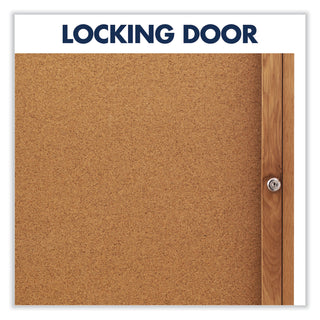 Enclosed Indoor Cork Bulletin Board with One Hinged Door, 24 x 36, Tan Surface, Oak Fiberboard Frame - 