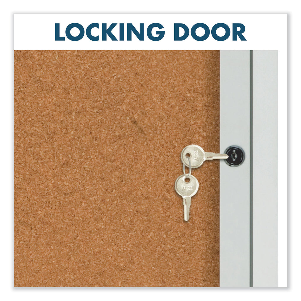 Enclosed Indoor Cork Bulletin Board with Three Hinged Doors, 72 x 36, Tan Surface, Silver Aluminum Frame - 