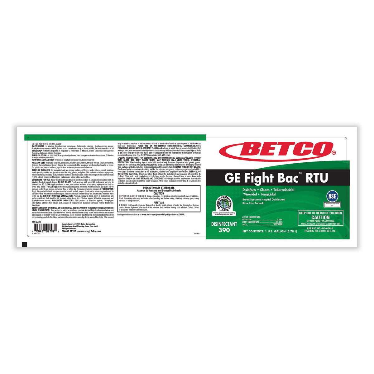 GE Fight Bac RTU Disinfectant, Fresh Scent, 1 gal Bottle