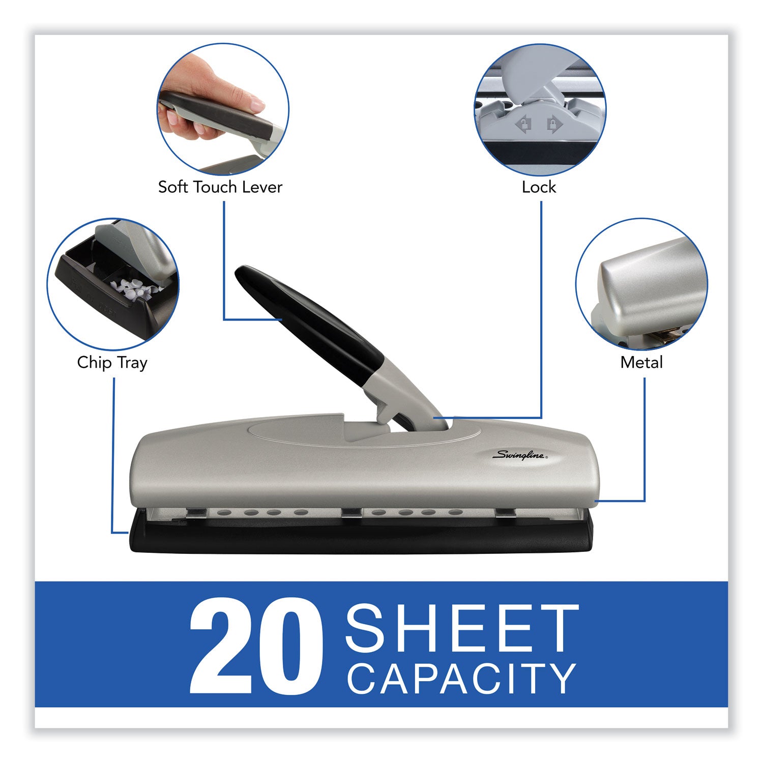 20-Sheet LightTouch Desktop Two- to Seven-Hole Punch, 9/32" Holes, Silver/Black - 