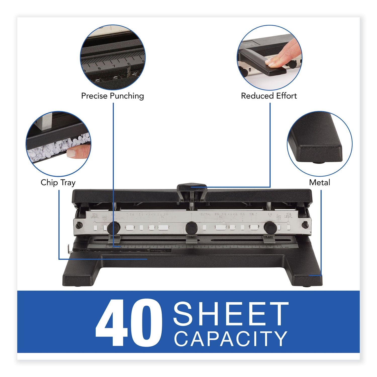 40-Sheet Heavy-Duty Two- to Seven-Hole Adjustable Heavy-Duty Paper Punch, 9/32" Holes, Black