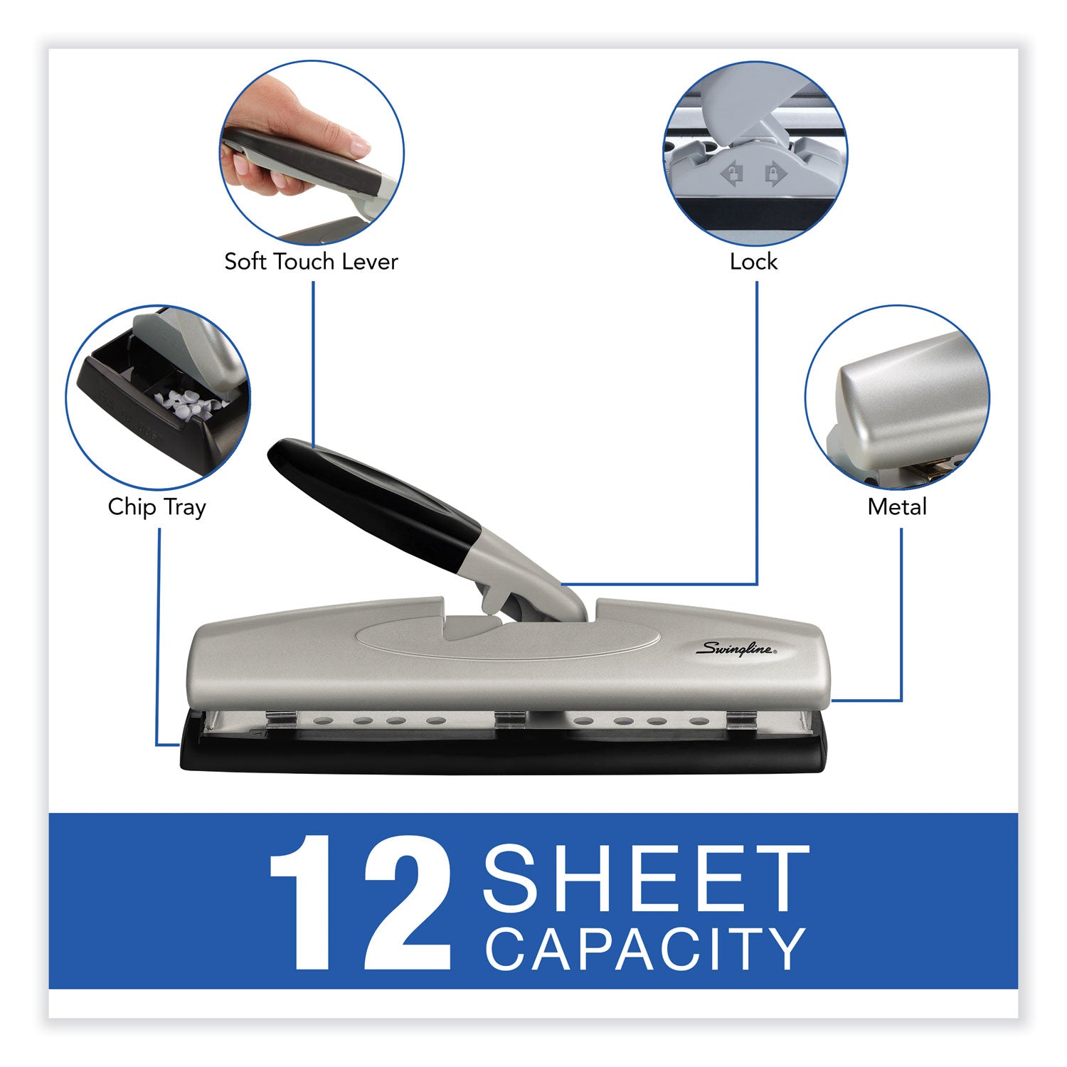 12-Sheet LightTouch Desktop Two- to Three-Hole Punch, 9/32" Holes, Black/Silver - 