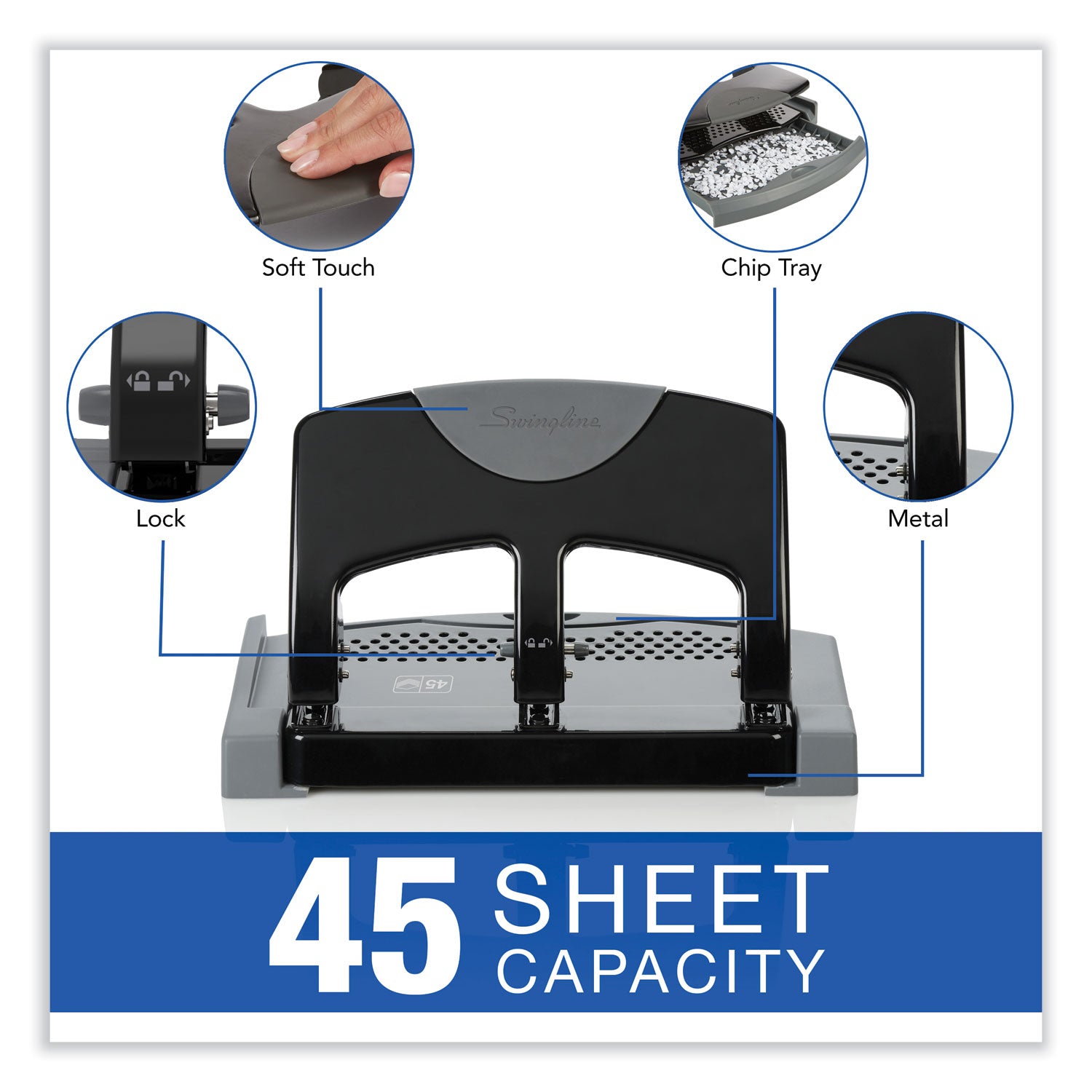 45-Sheet SmartTouch Three-Hole Punch, 9/32" Holes, Black/Gray - 