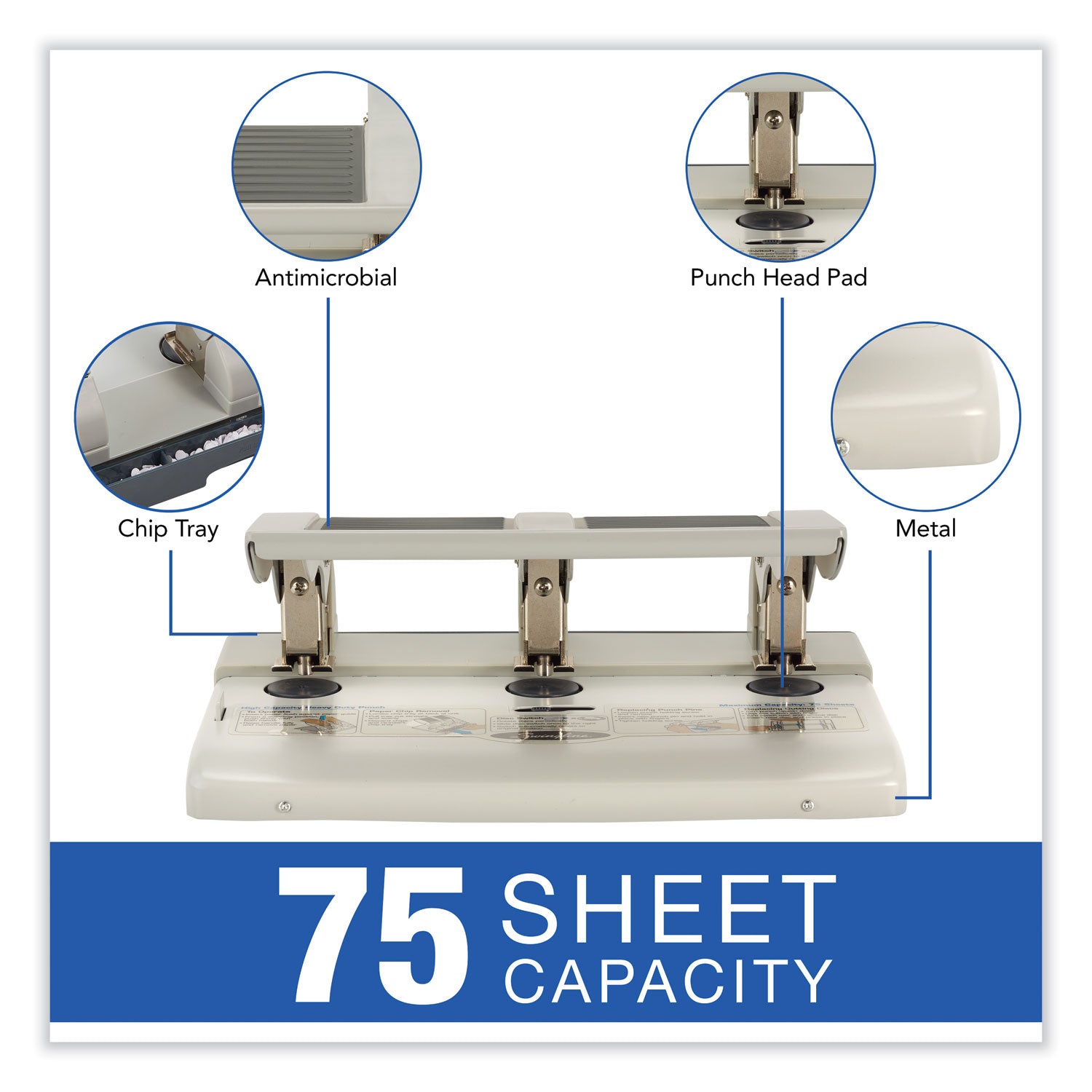 75-Sheet Heavy-Duty High-Capacity Three-Hole Adjustable Punch, 9/32" Holes, Putty/Gray - 