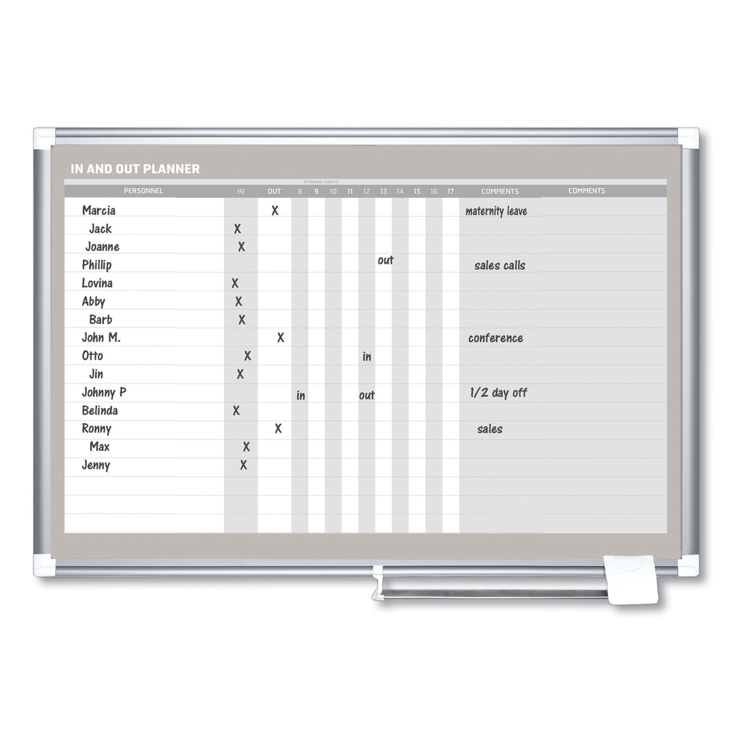 In-Out Magnetic Dry Erase Board, 36 x 24, White Surface, Silver Aluminum Frame - 