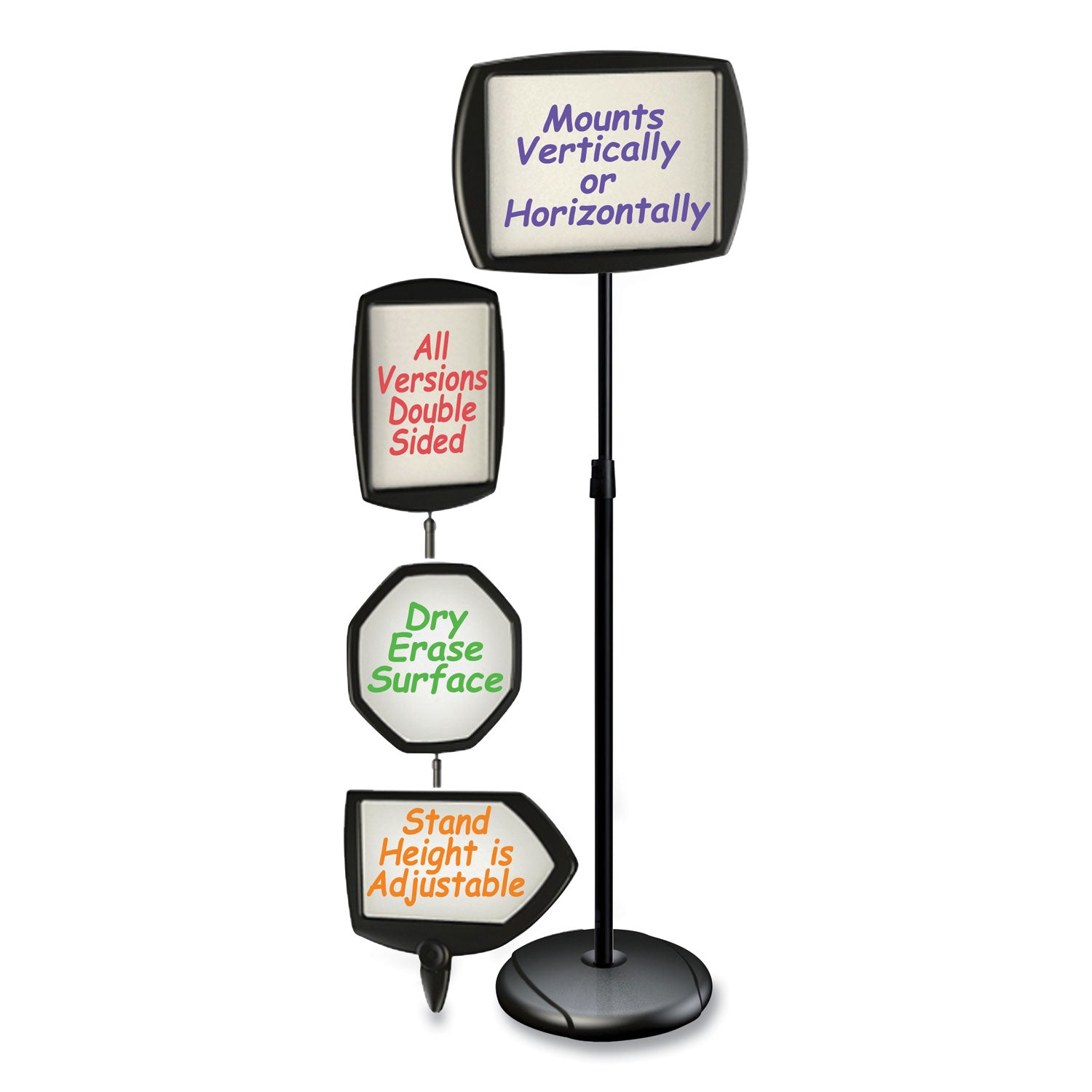 Floor Stand Sign Holder, Rectangle, 15 x 11, 66" High, White Surface, Black Steel Frame - 