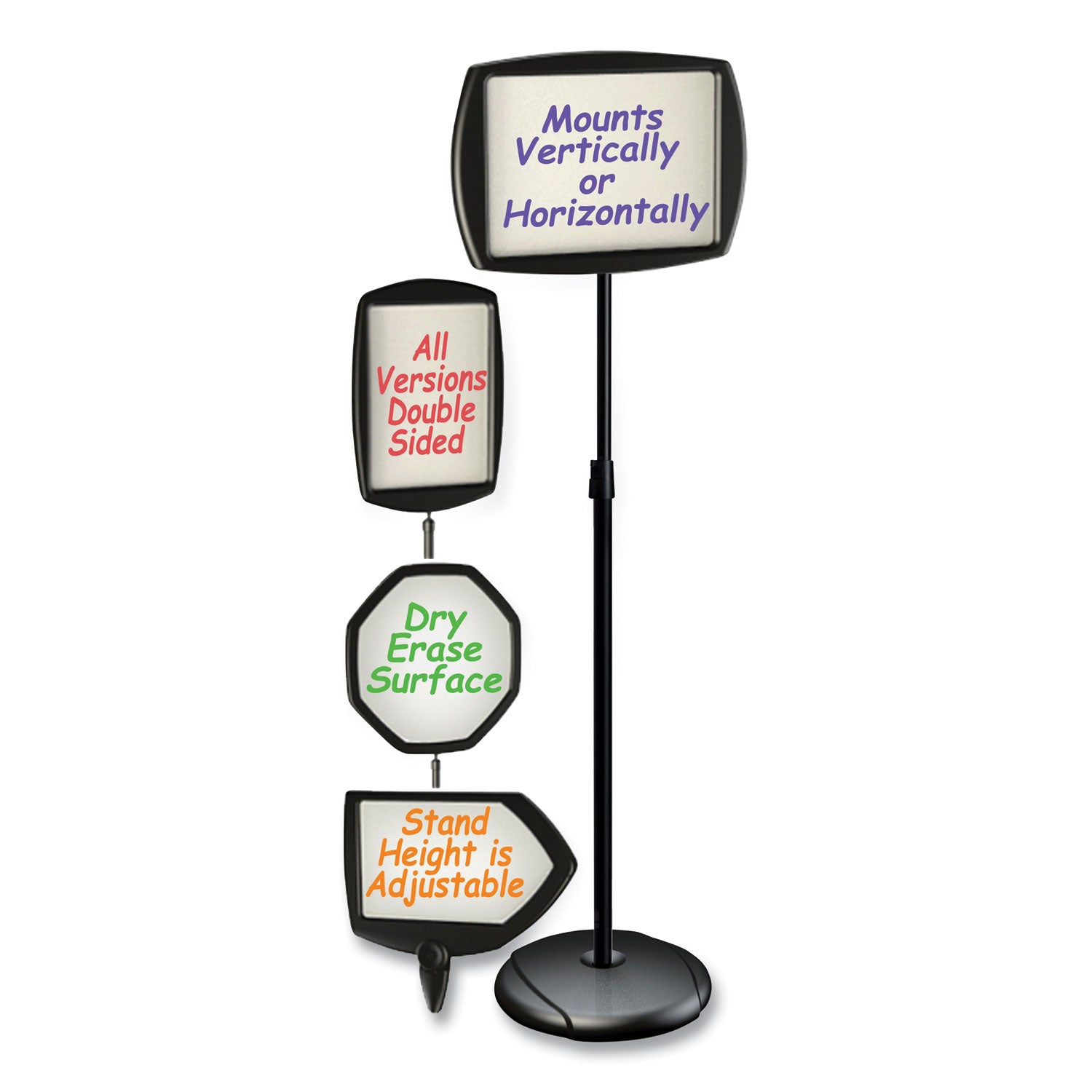 Floor Stand Sign Holder, Rectangle, 15 x 11, 66" High, White Surface, Black Steel Frame - 