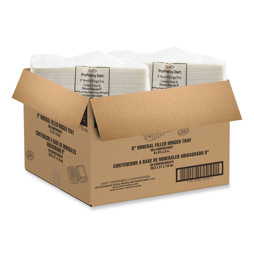 Hinged Lid Containers, Single Compartment, 8.25 x 8 x 3, White, Plastic, 150/Carton