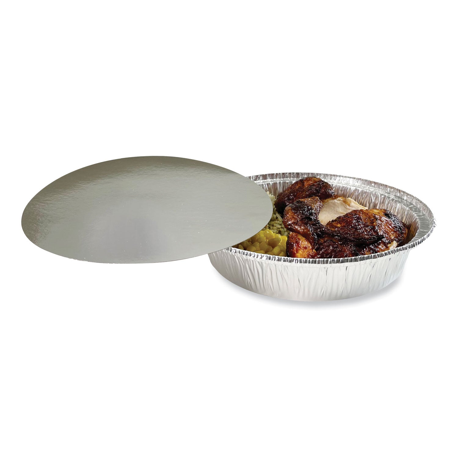 Round Aluminum To-Go Containers with Lid, 48 oz, 9" Diameter x 1.66"h, Silver, 200/Carton