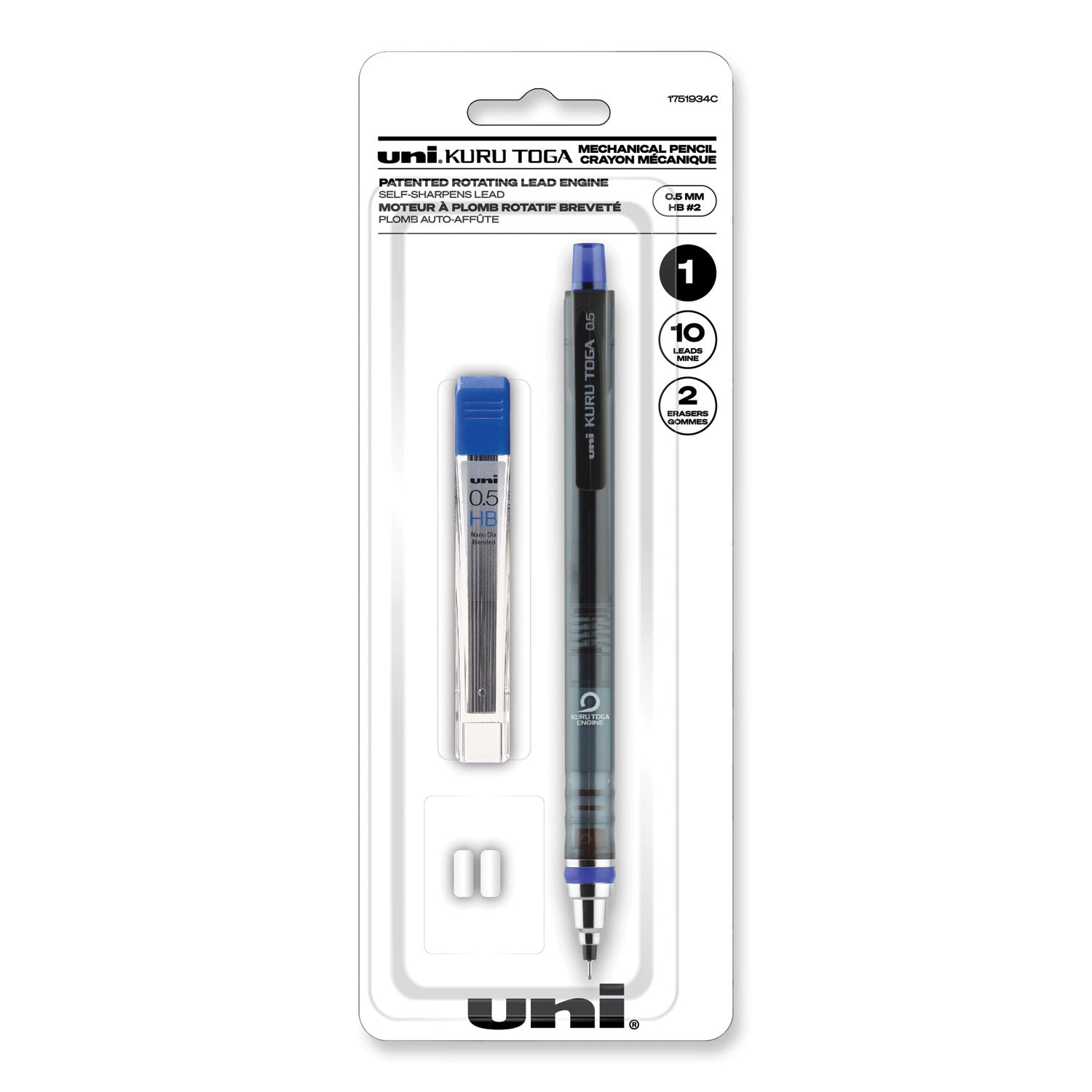 kurutoga-mechanical-pencil-with-tube-of-lead-erasers-05-mm-hb-#2-black-lead-black-barrel_ubc1751934 - 1