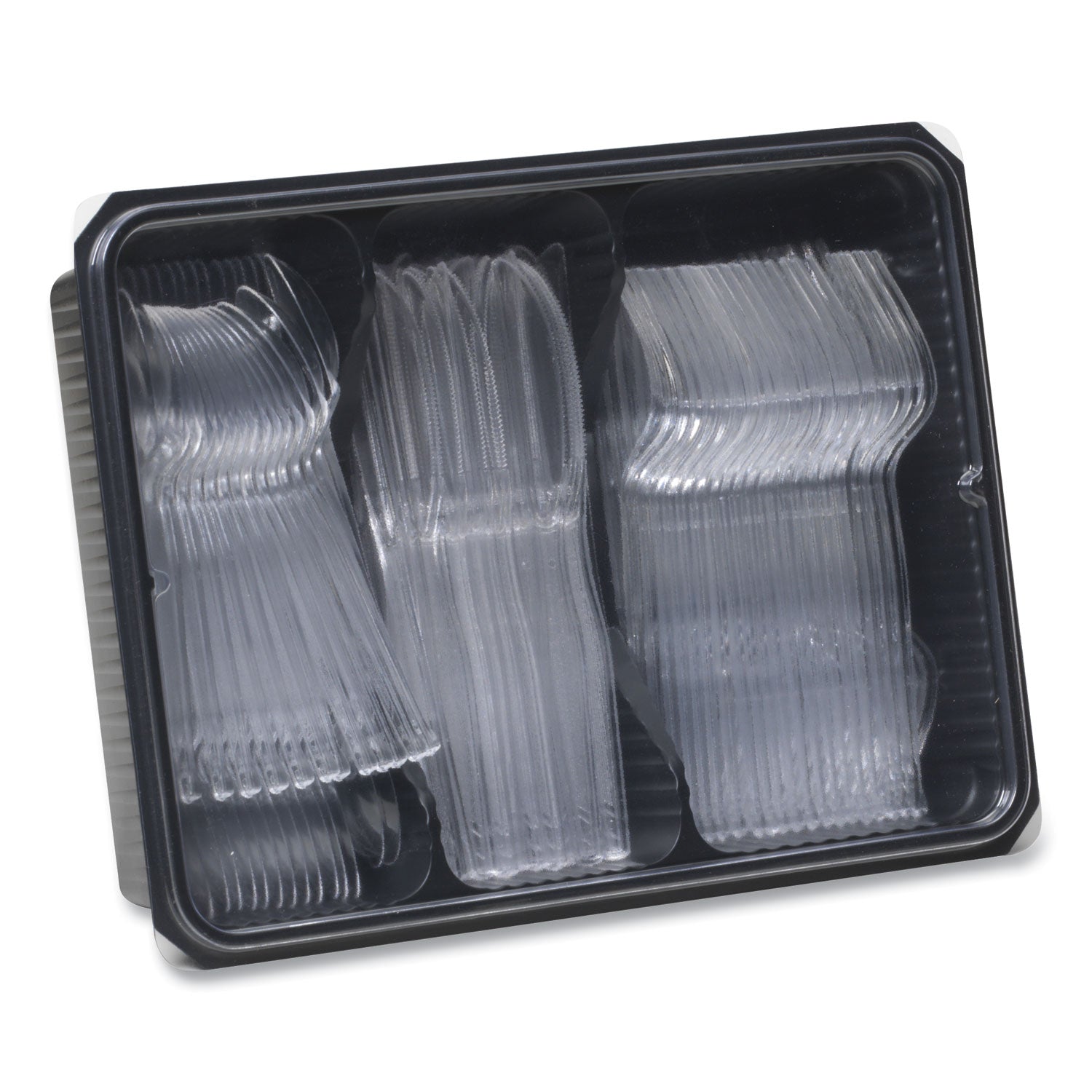 Cutlery Keeper Tray with Clear Plastic Utensils: 60 Forks, 60 Knives, 60 Spoons - 