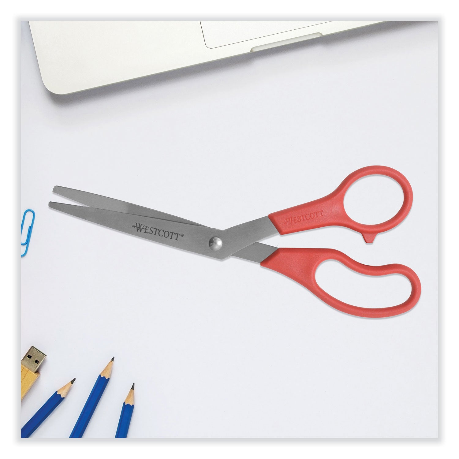 Value Line Stainless Steel Shears, 8" Long, 3.5" Cut Length, Red Offset Handle - 