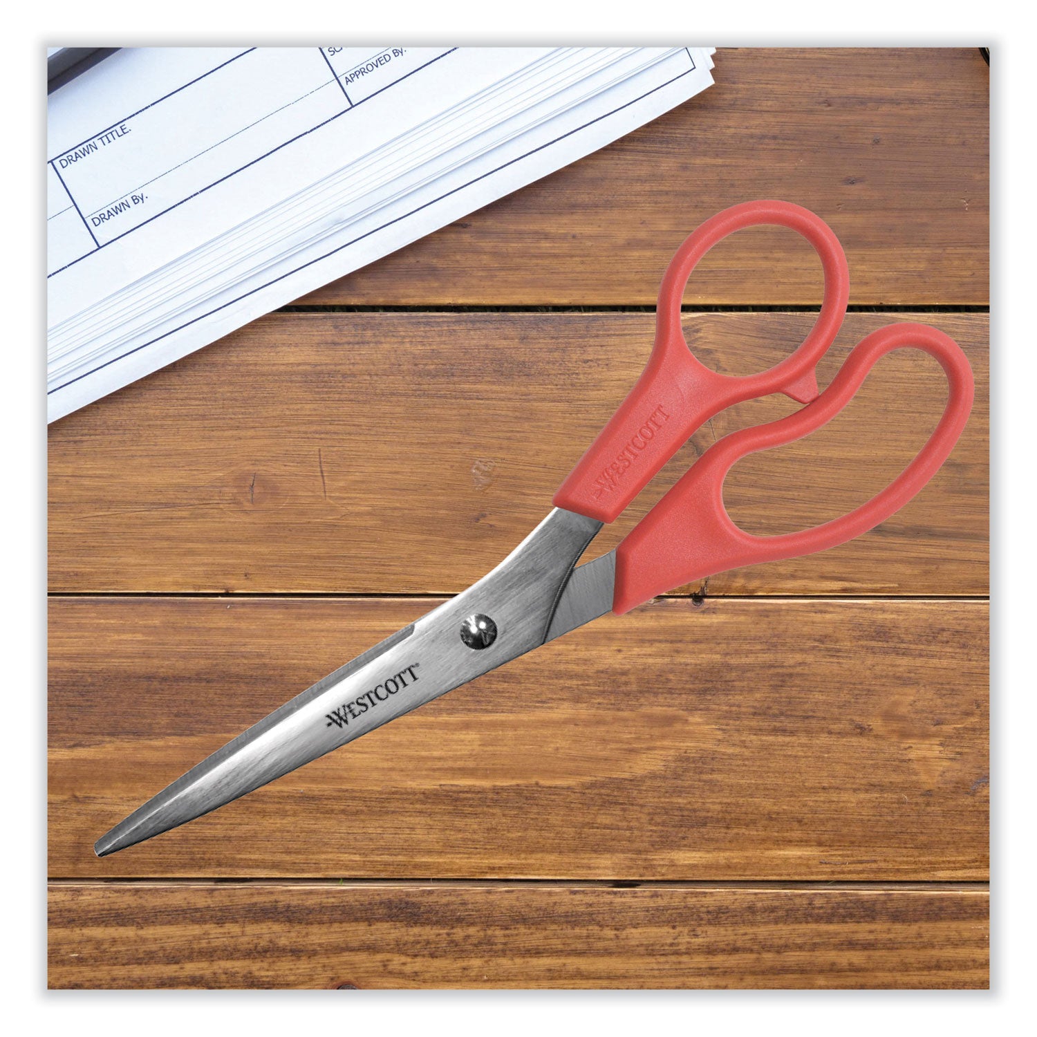 Value Line Stainless Steel Shears, 8" Long, 3.5" Cut Length, Red Straight Handle - 