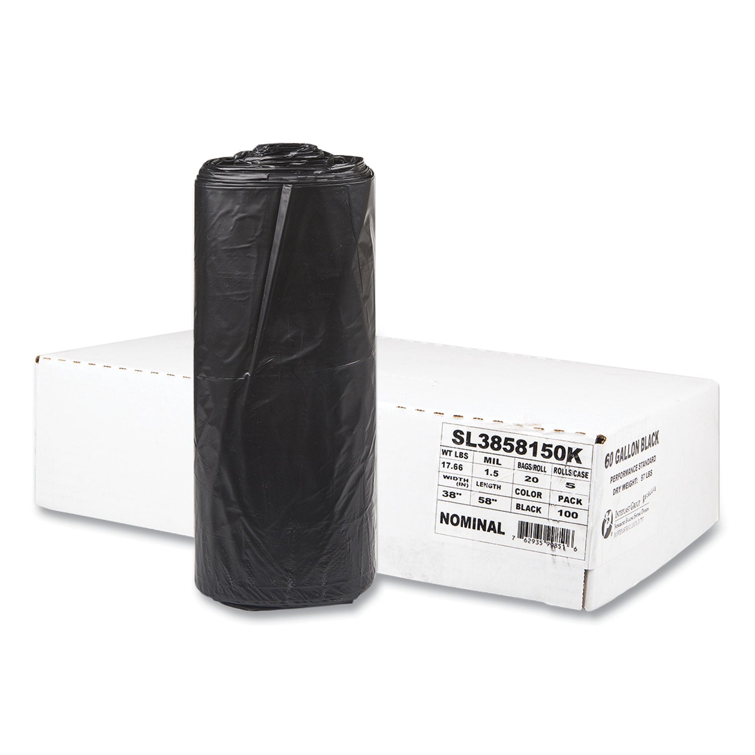 Recycled Low-Density Commercial Can Liners, Coreless Interleaved Roll, 60 gal, 1.5 mil, 38" x 58", Black, 20/Roll, 5 Rolls/CT