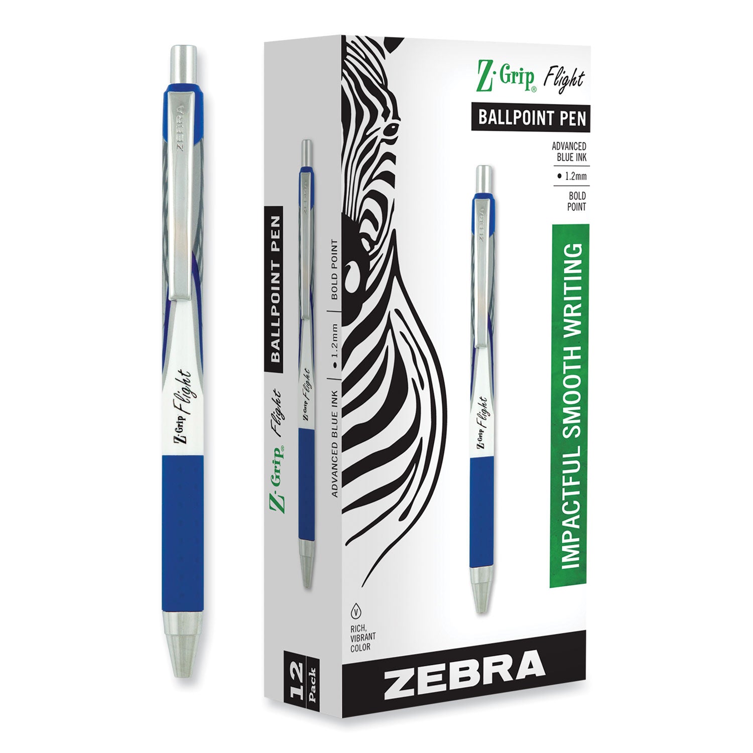 Z-Grip Flight Ballpoint Pen, Retractable, Bold 1.2 mm, Blue Ink, Black/Blue/White Barrel, 12/Pack - 
