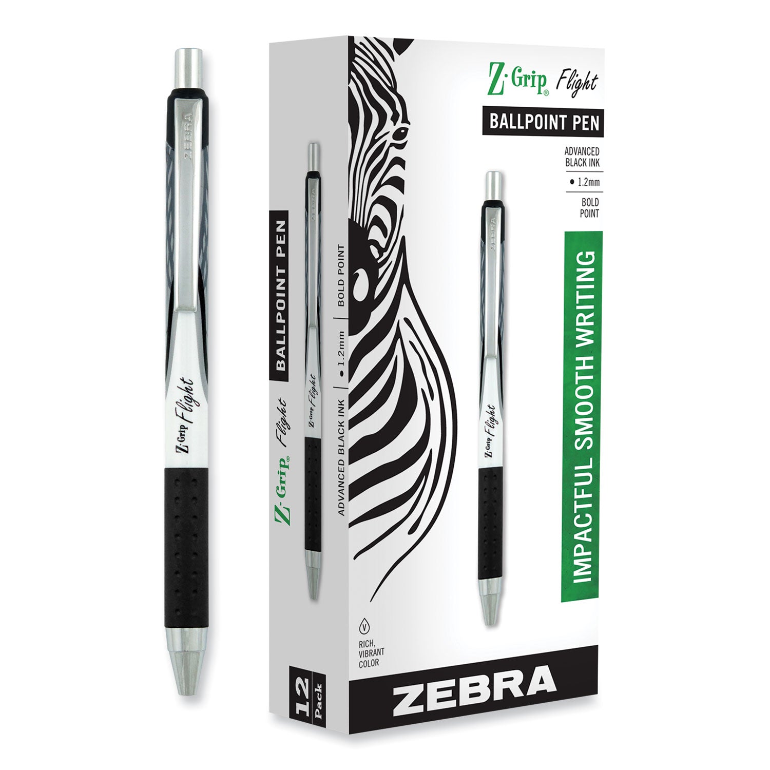 Z-Grip Flight Ballpoint Pen, Retractable, Bold 1.2 mm, Black Ink, Black/Gray/White Barrel, 12/Pack - 