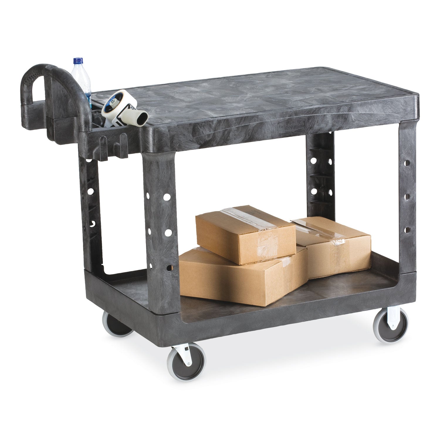 Flat Shelf Utility Cart, Plastic, 2 Shelves, 500 lb Capacity, 19.19" x 37.88" x 33.33", Black - 