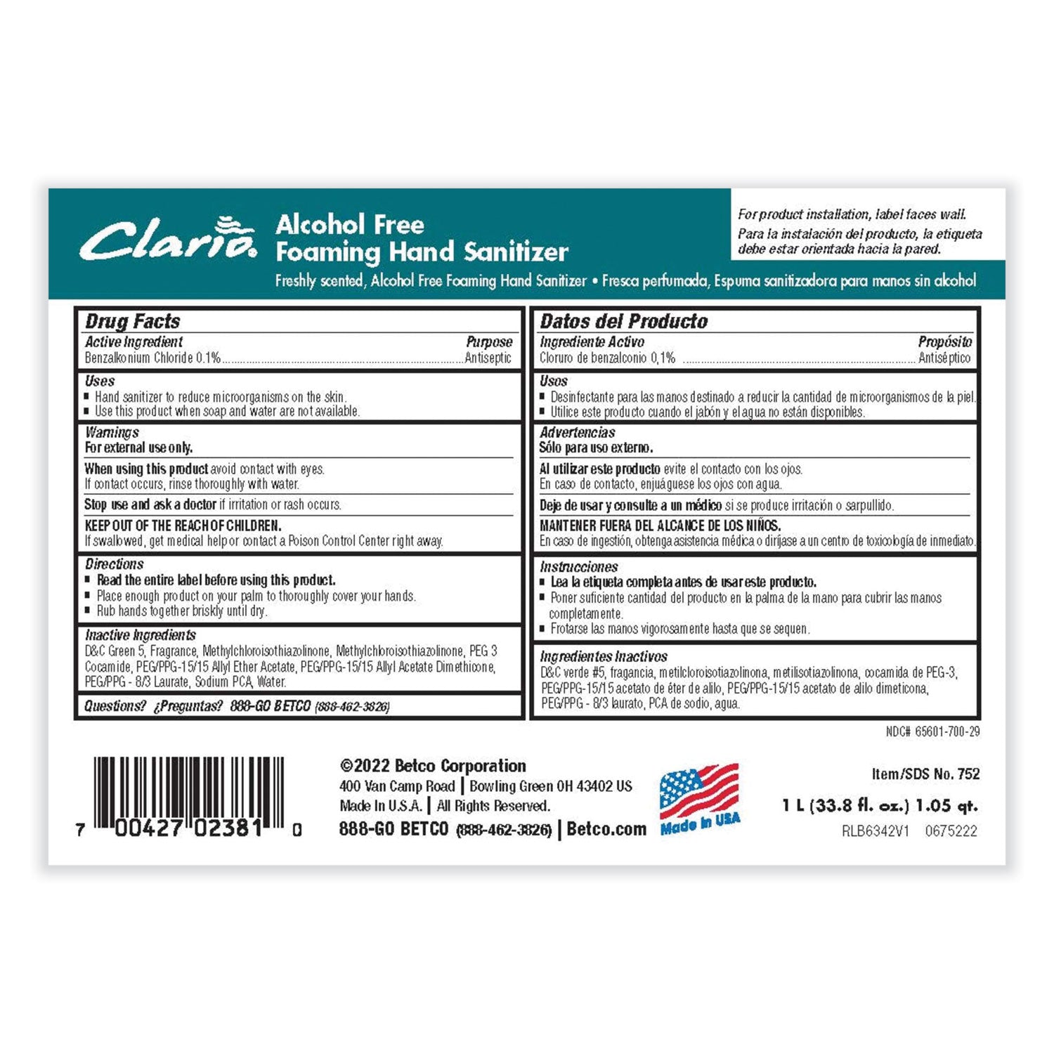 Clario Alcohol Free Foaming Hand Sanitizer, 1,000 mL Bag, Fresh, 6/Carton