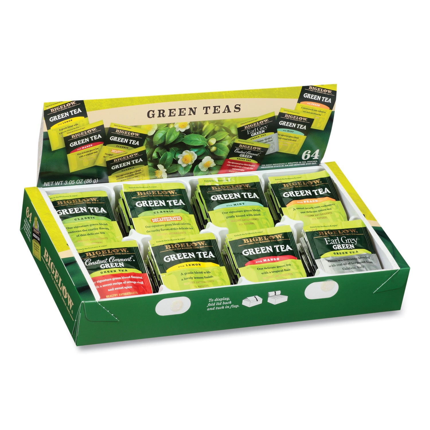 green-tea-assortment-individually-wrapped-eight-flavors-64-tea-bags-box_btc30568 - 1