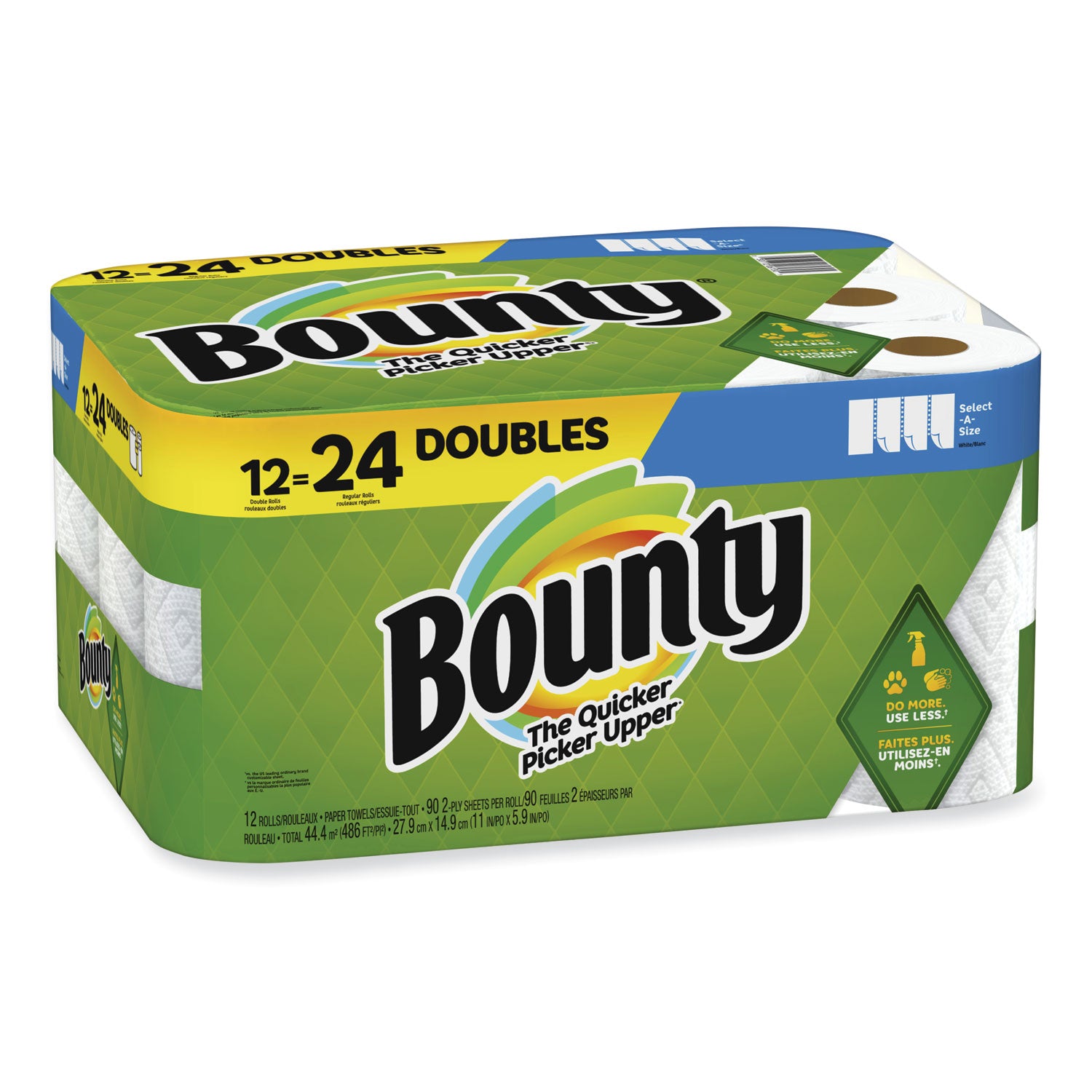 Bounty Select-A-Size Paper Towels - 12 Double Roll = 24 Regular - 2 Ply - 90 Sheets/Roll - White - Perforated, Absorbent, Durable, Thick, Quilted - For Kitchen - 12 / Carton - 2