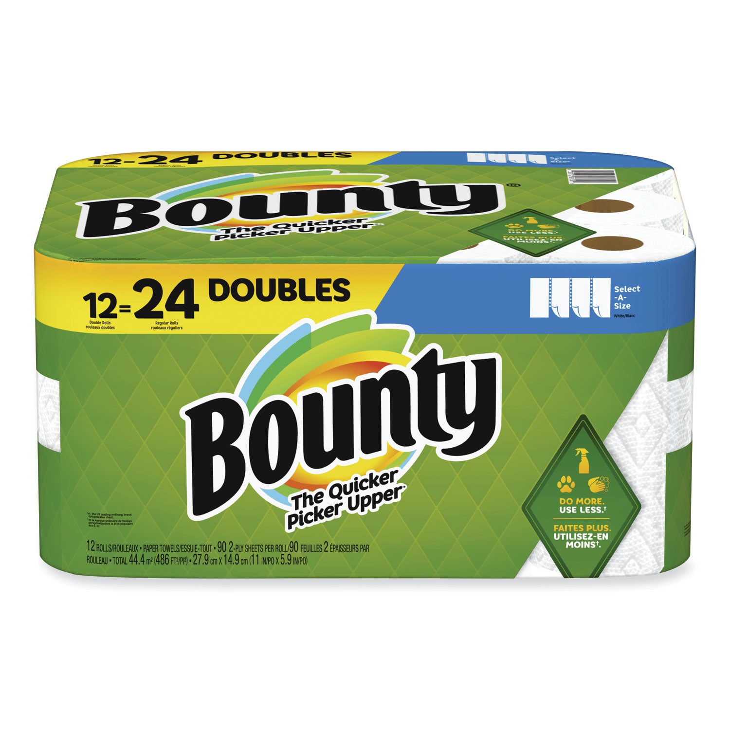 Bounty Select-A-Size Paper Towels - 12 Double Roll = 24 Regular - 2 Ply - 90 Sheets/Roll - White - Perforated, Absorbent, Durable, Thick, Quilted - For Kitchen - 12 / Carton - 1