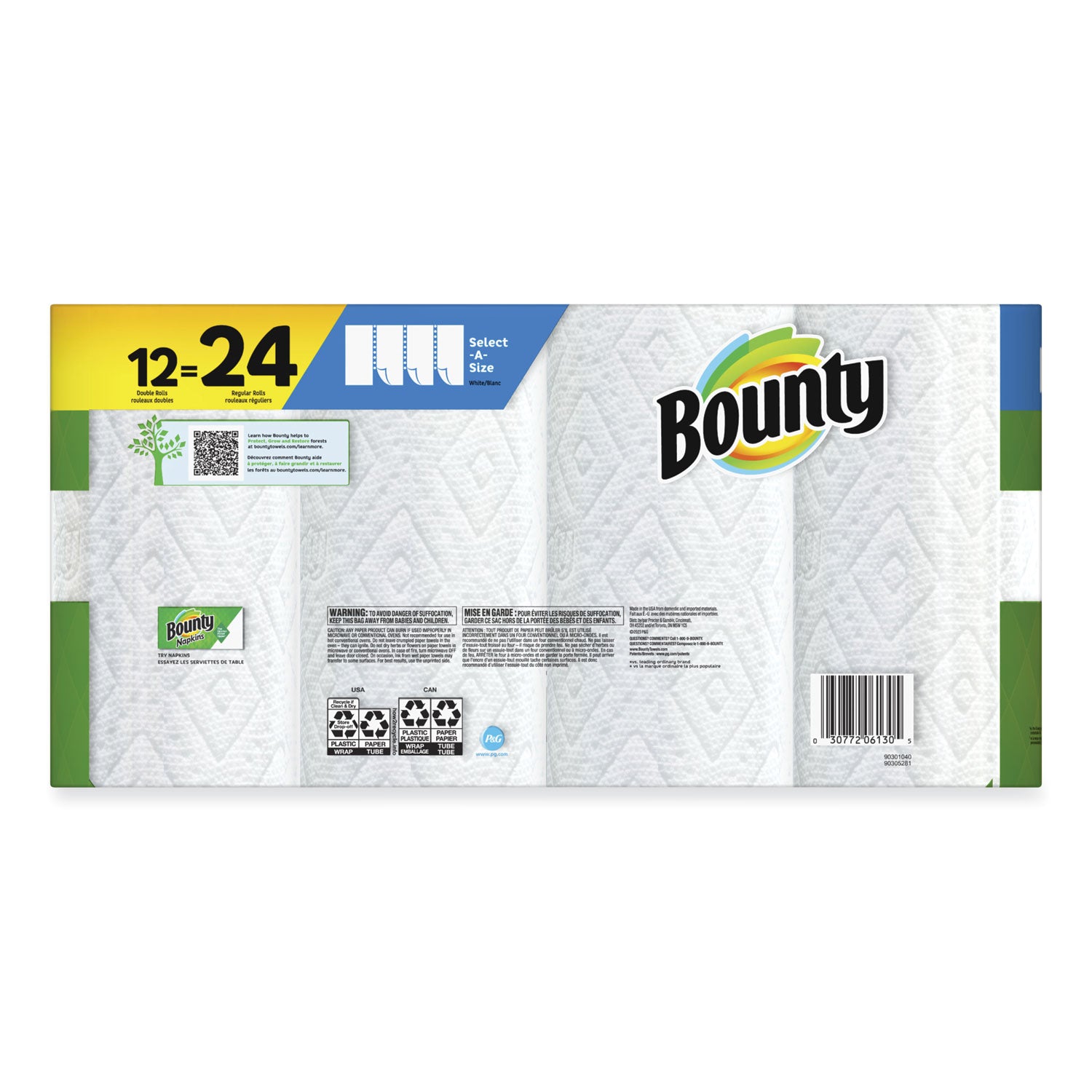 Bounty Select-A-Size Paper Towels - 12 Double Roll = 24 Regular - 2 Ply - 90 Sheets/Roll - White - Perforated, Absorbent, Durable, Thick, Quilted - For Kitchen - 12 / Carton - 3